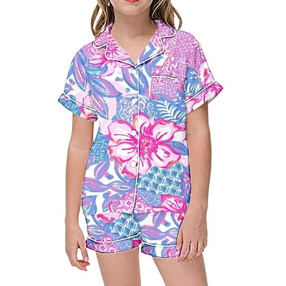 oqasdz 2 Piece Set Girls Pajamas For Kids Children Graphic Print Short Sleeve Button Shirt and Shorts Pajama Set/6-7 Years
