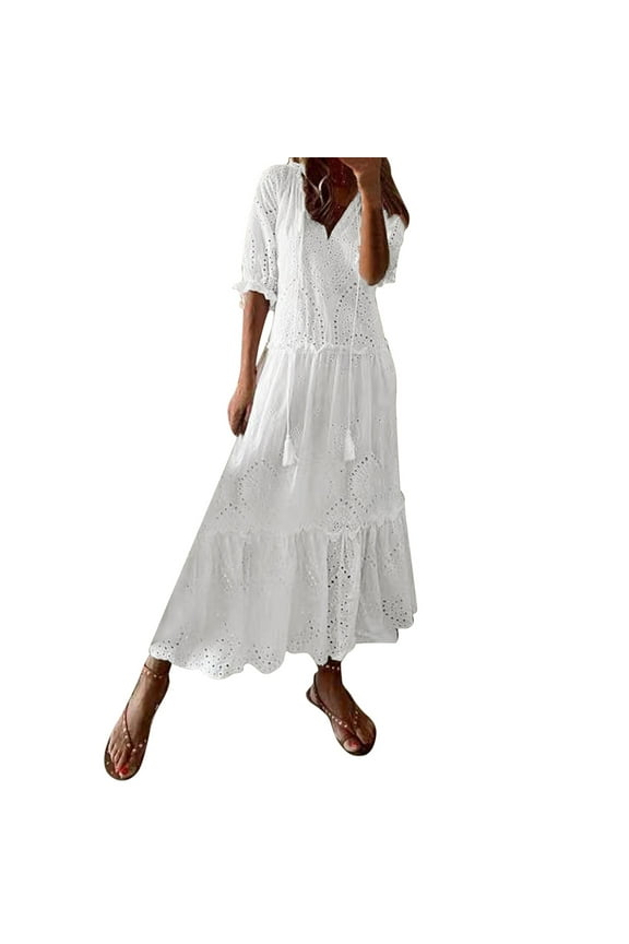 2025 Casual Sweet V Neck Solid Color Dresses Hollow Hanging Beard Short Sleeve Medium Length Dress For Women Breathable Female Dailywear