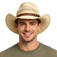thumbnail image 1 of oqasdz Adult Hollow Woven Straw Cowboy Hat Wide Curved Brim Leather Band Sun Protection Hat for Beach Vacation Outdoor Casual Headwear, 1 of 6
