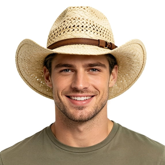 oqasdz Adult Hollow Woven Straw Cowboy Hat Wide Curved Brim Leather Band Sun Protection Hat for Beach Vacation Outdoor Casual Headwear