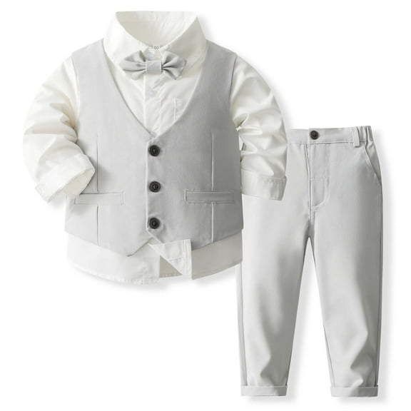 oqasdz Baby Boy Outfits Long Sleeve Lapel Shirt and Button Vest and Pants Bow Tie Suit formal Set Wedding Party 3 Piece Set /5-7 Years