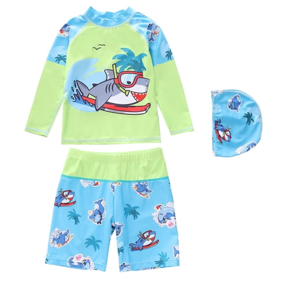 oqasdz Baby Boy Swimsuit Short Sleeve Cartoon Prints Rash Guard and Swim Trunks with Swim Cap Adorable Soft Cozy Holiday Summer Beach Pool