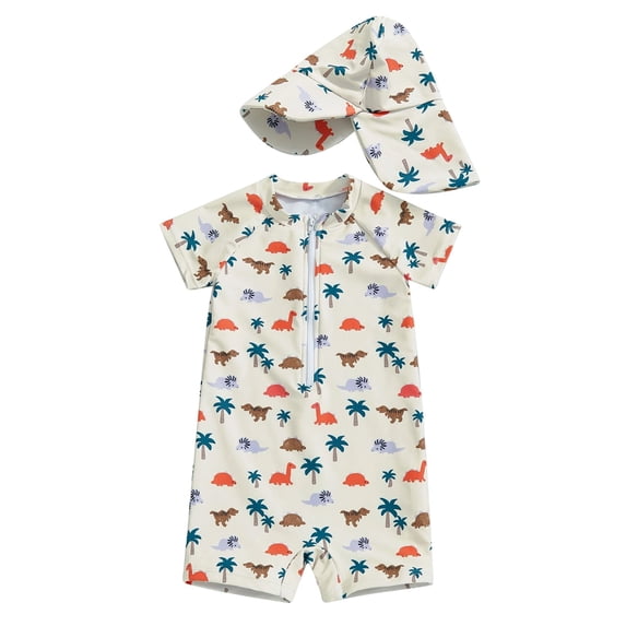 oqasdz Baby Boy Swimsuit Sun Protection Short Sleeve Rash Guard Bathing Suit with Matching Sun Cap for Toddler Cute Swimming Beach Surfing
