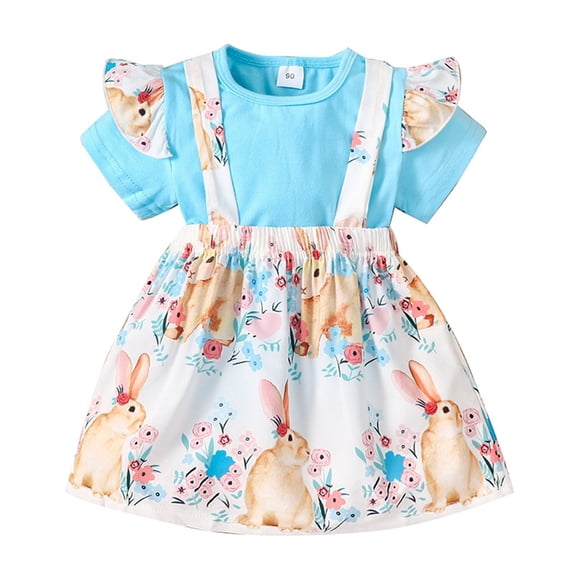 oqasdz Baby Girl Outfits Easter Toddler Ruffled Sleeve Tops Cute Cartoon Rabbit Suspender Skirt 2 Piece Clothing Sets Comfort Fit