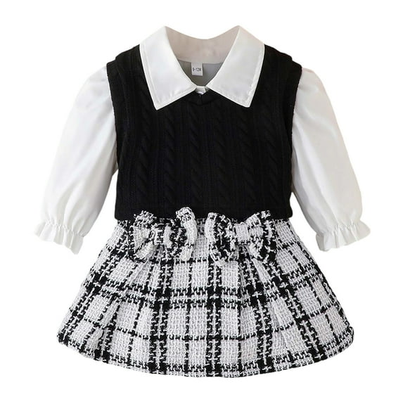 oqasdz Baby Girl Outfits Fall Winter Outfit For Kids Featuring Long Sleeve Shirt Ribbed Sweater Bow Tie And Plaid Printed Skirt Size 6 M-9 M