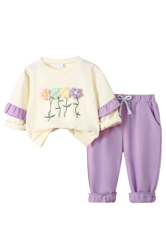 Baby Girl Outfits Floral Embroidery Long Sleeve Top And Ruffle Hem Pants Outfit Soft Playwear 2 Piece Set Size 12 Month-18 Month