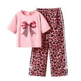 thumbnail image 1 of oqasdz Baby Girl Outfits Little Kids 2 Piece Outfit Bowknot Tee Shirts And Leopard Print Waist Wide Leg Pants Set Size 11 Y-12 Y, 1 of 3