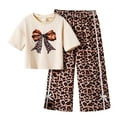 thumbnail image 1 of oqasdz Baby Girl Outfits Little Kids 2 Piece Outfit Bowknot Tee Shirts And Leopard Print Waist Wide Leg Pants Set Size 8 Y-9 Y, 1 of 7