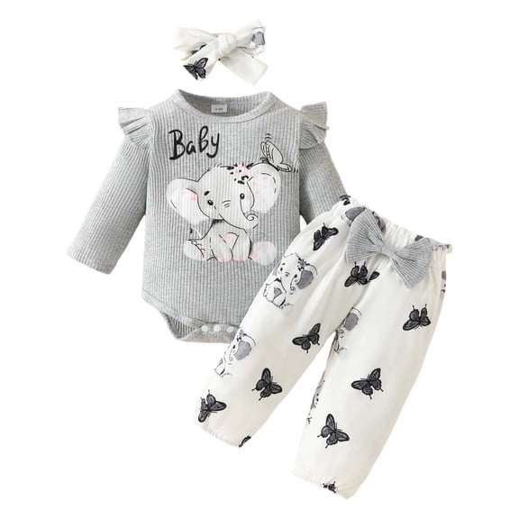 oqasdz Baby Girl Outfits Long Sleeve Ribbed Elephant Print Romper Pants Headband Outfit Soft Playwear Casual Relaxed Fit Outdoor Daily Wear Size 0 M-3 M