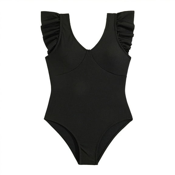 oqasdz Baby Girl Swimsuit Kids 1PC Rash Guard Ruffle Black Deep V Neck Bathing Suit Rompers Swimwear Size 7 Y-8 Y