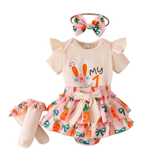 oqasdz Baby Girls Summer Outfits Adorable Bunny Print Romper Dress with Socks and Headband for Clothing Sets Casual Holiday