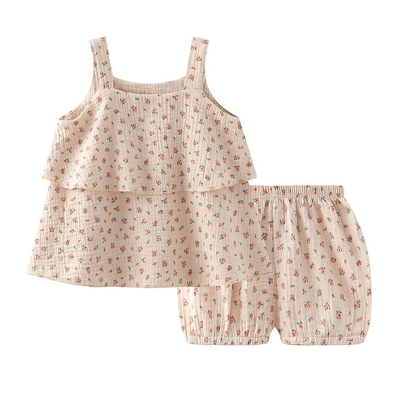 oqasdz Baby Girls Summer Outfits Floral Dress Spring Cotton Double Layer Yarn Breathable Home 2 Piece Outfit Sets Casual Outdoor