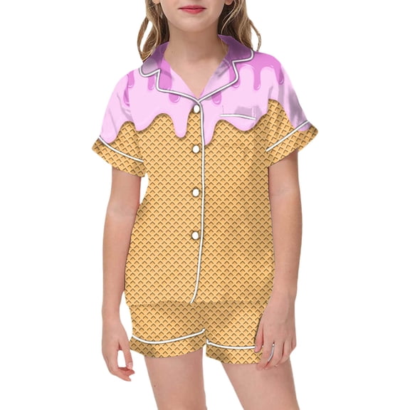 oqasdz Boys Girls Pajamas Ice Cream Print Lapel Short Sleeve Button Homewear and Shorts Kids Child Sleepwear 2PCS Silk Pajama Set Size 2 Y-3 Y