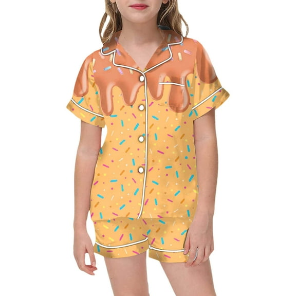 oqasdz Boys Girls Pajamas Ice Cream Print Short Sleeve Soft Button Shirt and Shorts Kids Children Sleepwear 2PCS Silk Pajama Set Size 2 Y-3 Y