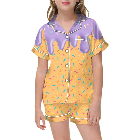 oqasdz Boys Girls Pajamas Ice Cream Print Short Sleeve Soft Button Shirt and Shorts Kids Children Sleepwear 2PCS Silk Pajama Set Size 4 Y-5 Y
