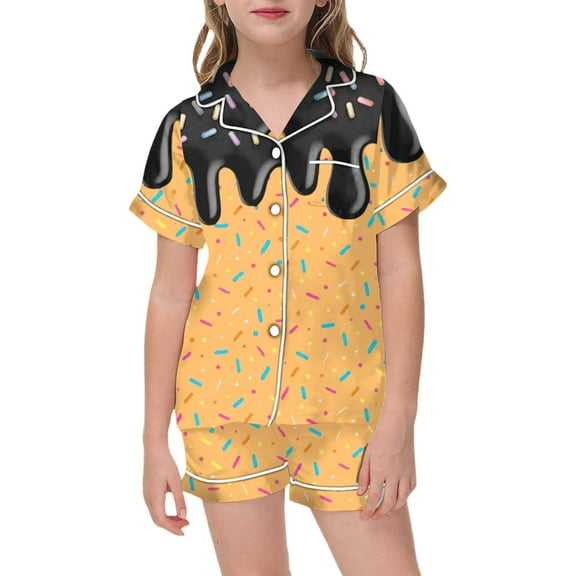 oqasdz Boys Girls Pajamas Ice Cream Print Short Sleeve Soft Button Shirt and Shorts Kids Children Sleepwear 2PCS Silk Pajama Set Size 8 Y-9 Y