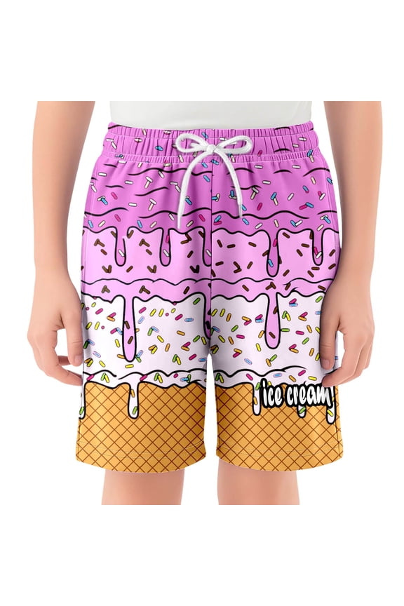 Boys Girls Shorts Ice Cream Print Elastic Waist Breathable Drawstring Kids Child Sports Casual Baseball Shorts Size 3 Y-4 Y