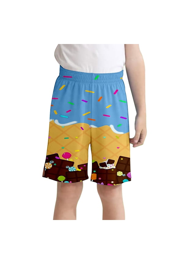 Boys Girls Shorts Ice Cream Print Elastic Waist Comfortable Shorts With Pockets Child Sports Active Baseball Shorts Size 3 Y-4 Y
