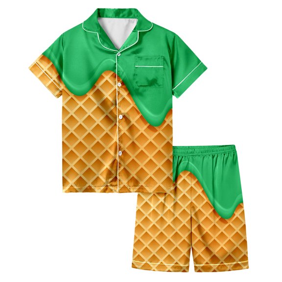 oqasdz Boys Girls Silk Pajama Set Ice Cream Print Button Down Collar Elastic Waist Sleepwear Comfortable Child Kids Soft Pajamas Size 12 Y-13 Y