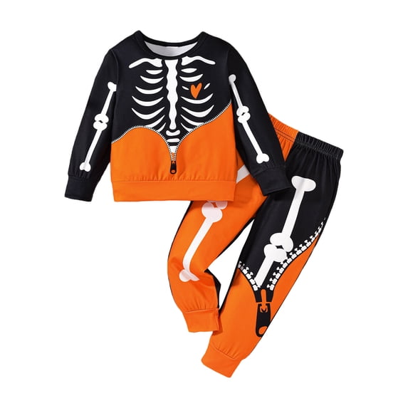 oqasdz Boys Pajamas Halloween Toddler Kids Skeleton Print Long Sleeve Crew Neck Top and Joggers Pants Toddler Pjs 2 Piece Sleepwear Casual Loose Clothes Set,Orange,Size 2 Y-3 Y