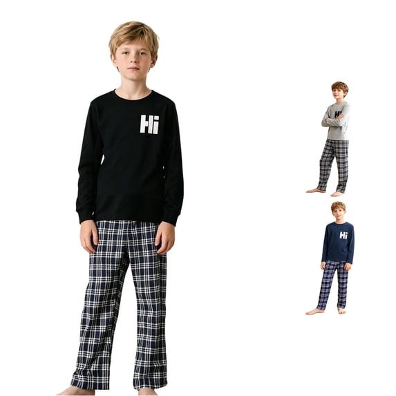 oqasdz Boys Pajamas Long Sleeve Letter Print Top and Plaid Pajamas Bottoms Fashion Pjs Set for Kids Children Sleepwear Casual Snug Fit Clothing Set,Black,Size 11 Y-12 Y