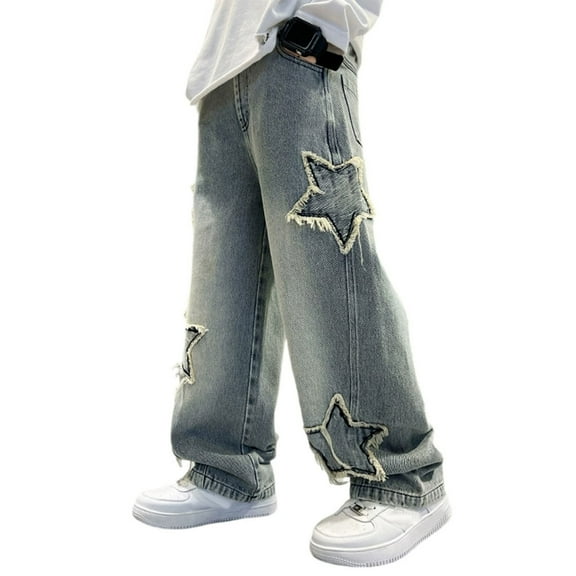 oqasdz Boys Pants Straight Leg Baggy Jeans with Pockets Elastic Waist Distressed Ripped Denim Pants with Holes Size 4 Y-5 Y