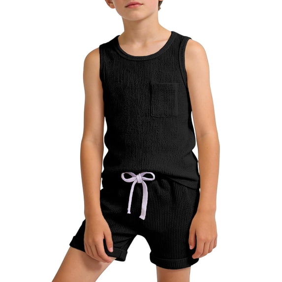 oqasdz Boys Summer Outfits Sleeveless Crew Neck Undershirts Kids Tank Tops and Shorts with Pockets Casual Athletic Clothes Sets