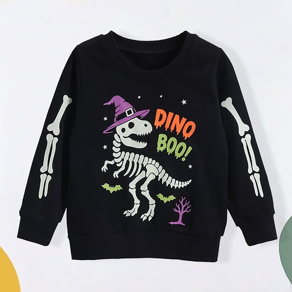 oqasdz Boys Sweatshirts Halloween Glow In The Dark Dinosaur Print Long Sleeve Pullover Hoodie Toddler Kids Crewneck Sweatshirt Autumn Winter Streetwear Casual Outdoor