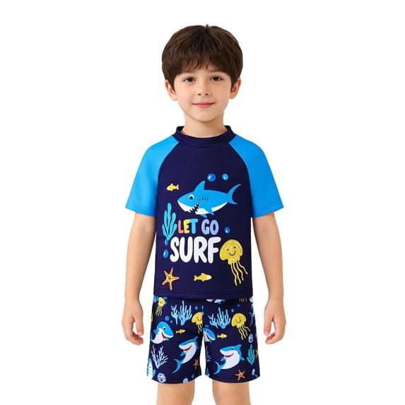 oqasdz Boys Swim Set Sea Animal Graphic Prints Rash Guard Short Sleeve T Shirt and Swim Trunks Soft Swimsuit for Summer Beach Pool Holiday