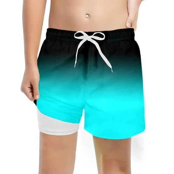 oqasdz Boys Swim Trunks Fashion Gradient Color Drawstring Shorts with Compression Liner Stretchy Swim Shorts Size 7 Y-8 Y