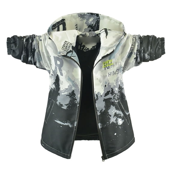 oqasdz Boys Windbreaker Jacket with Hood Outdoor Printed Raincoat for Kids Youth Winter Warm Lined Coat Long Sleeve Casual Versatile Daily Wear