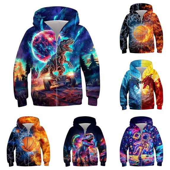 oqasdz Boys Zip Up Hooded Jacket Kids 3D Graphic Long Sleeve Sweatshirt with Pockets for Kids Fall Winter Outfits Casual Daily Wear