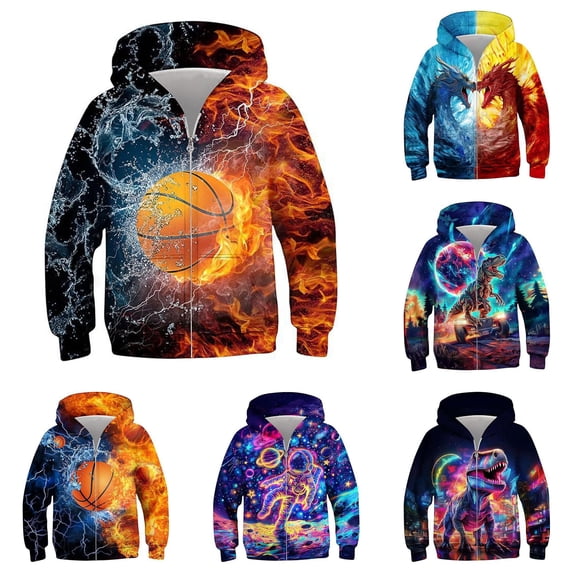 oqasdz Boys Zip Up Hooded Jacket Kids 3D Graphic Long Sleeve Sweatshirt with Pockets for Kids Fall Winter Outfits Casual Daily Wear