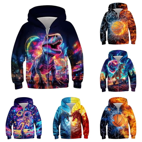 oqasdz Boys Zip Up Hooded Jacket Kids 3D Graphic Long Sleeve Sweatshirt with Pockets for Kids Fall Winter Outfits Casual Outdoor