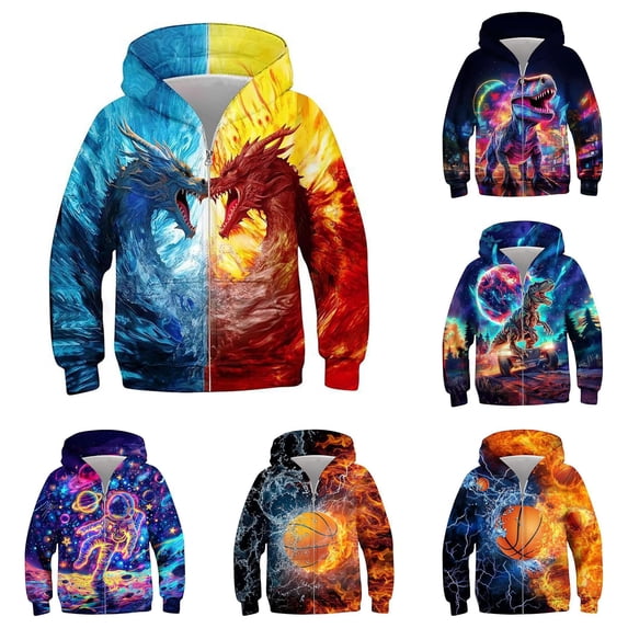oqasdz Boys Zip Up Hooded Jacket Kids 3D Graphic Long Sleeve Sweatshirt with Pockets for Kids Fall Winter Outfits Casual Outdoor