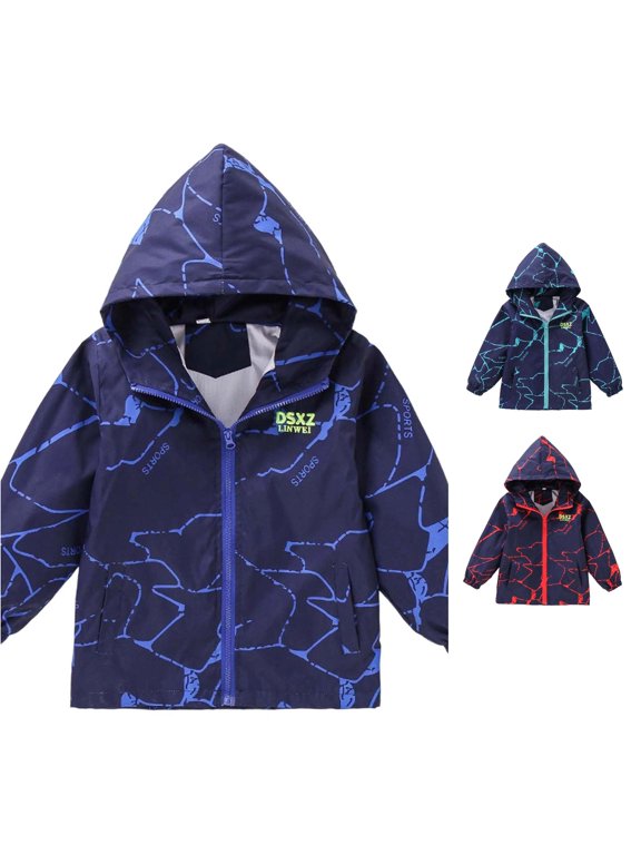 Boys Zip Up Jacket Windproof Letter Print Hooded Outerwear Coat for Kids Lightweight Spring Fall Clothes Casual Outdoor