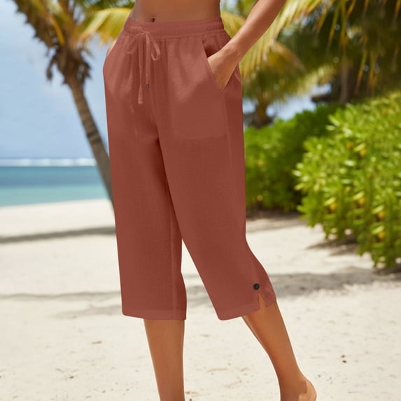 Coloufull Button oqasdz Capri Pants for Women Straight Leg Button Side Split Solid Color ...