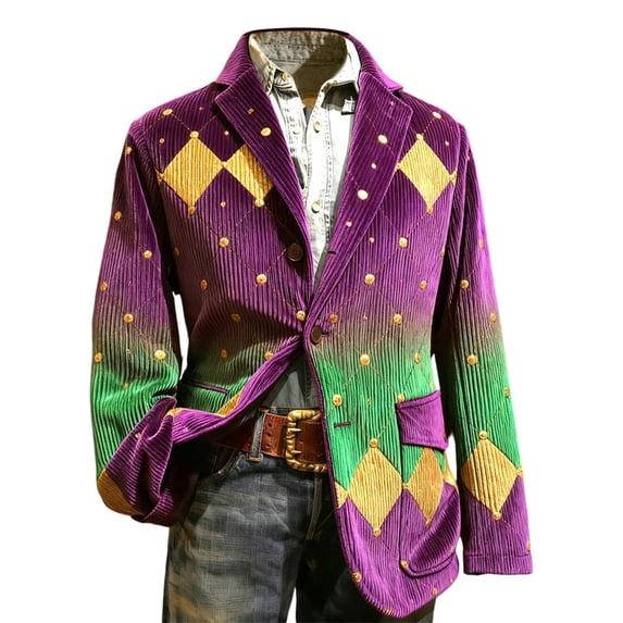 oqasdz Carnival Blazer for Men Print Corduroy Jacket Style for Celebration Stretch Slim Fit Dress Coat Daily Formal Outdoor Activities
