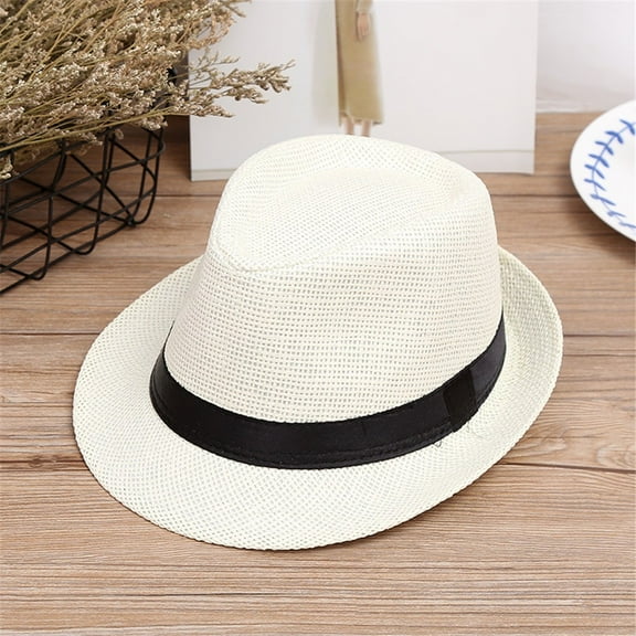 oqasdz Children Kids Summer Beach Straw Hat Jazz Panama Trilby Fedora Hat Gangster Cap, Size One Size