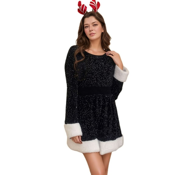 oqasdz Christmas Dresses for Women Elegant Velvet Bunny Dress with Sparkling Sequin Details for Festive Party Holiday Celebrations Attire