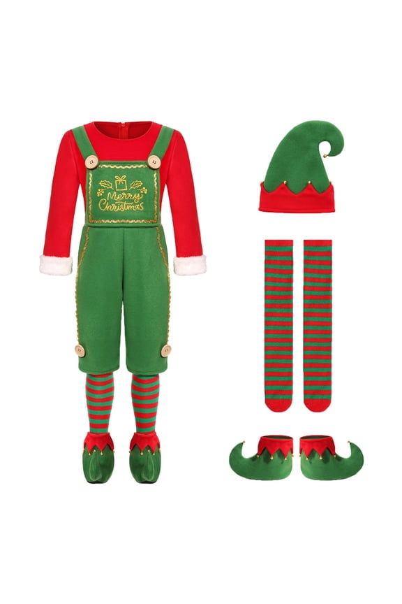 Christmas Outfits Adult Elf Set Dress Up Color Matching Red and Green Stage Performance Jumpsuits with Hat Party Theme Events