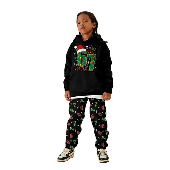 oqasdz Christmas Outfits Girls Boys Winter Warm 6 7 Printed Pullover Hoodie and Pants Kids 6 7 meme Fleece Tracksuit Active Two Piece Xmas Set