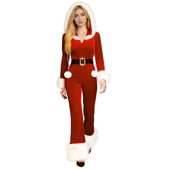 oqasdz Christmas Outfits Solid Color Hooded Long Sleeve Zip Up Jumpsuit Warm Solid Color Stage Performance Party Holiday Fashion Outfits