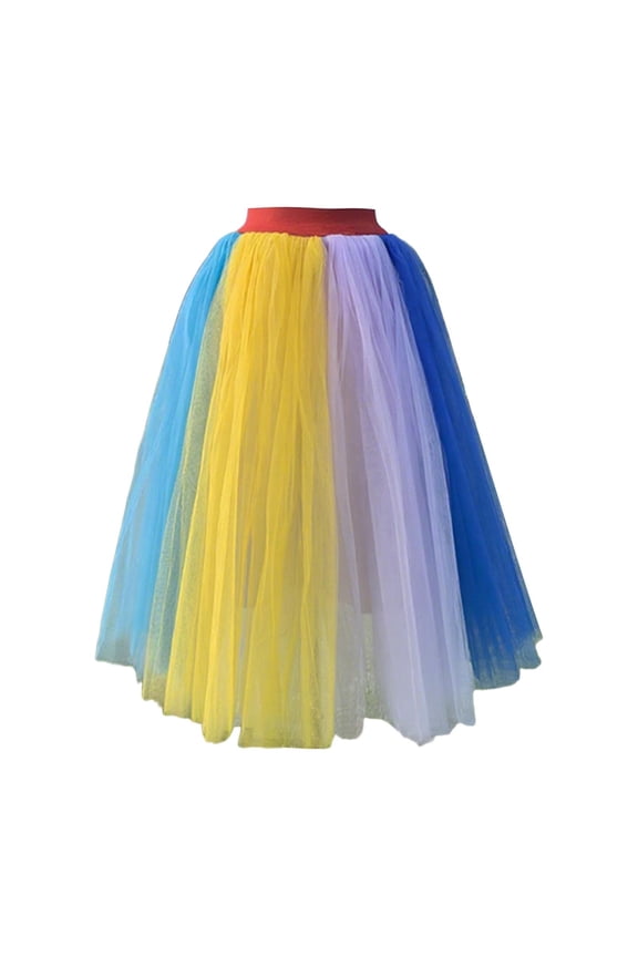 Color Patchwork Mesh Layered Skirts for Women with Elastic High Waist Lace Soft Performance Party Evening Gown Long Mesh Skirt