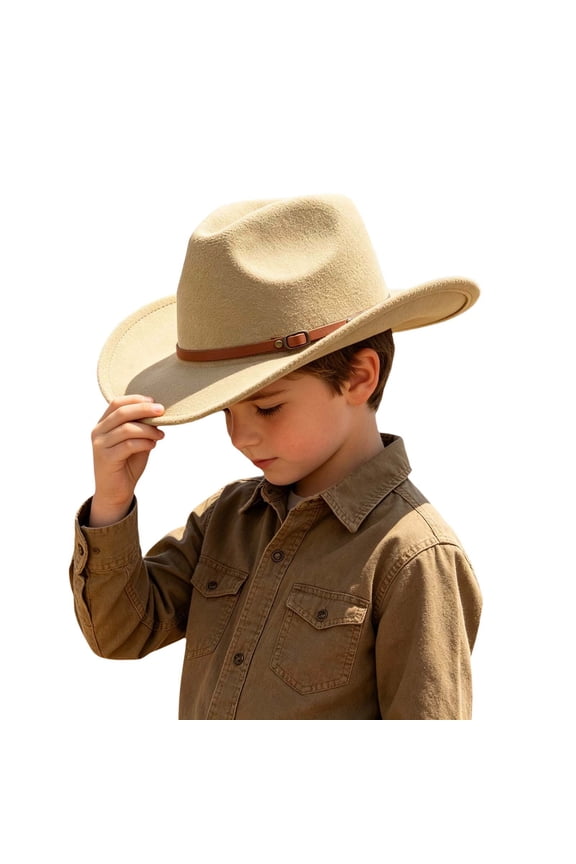 Cowboy Hats for Kids Vintage Wide Brim Felt Solid Color Cowgirl with Belt Buckle for Boys and Girls Trendy Summer Outdoor