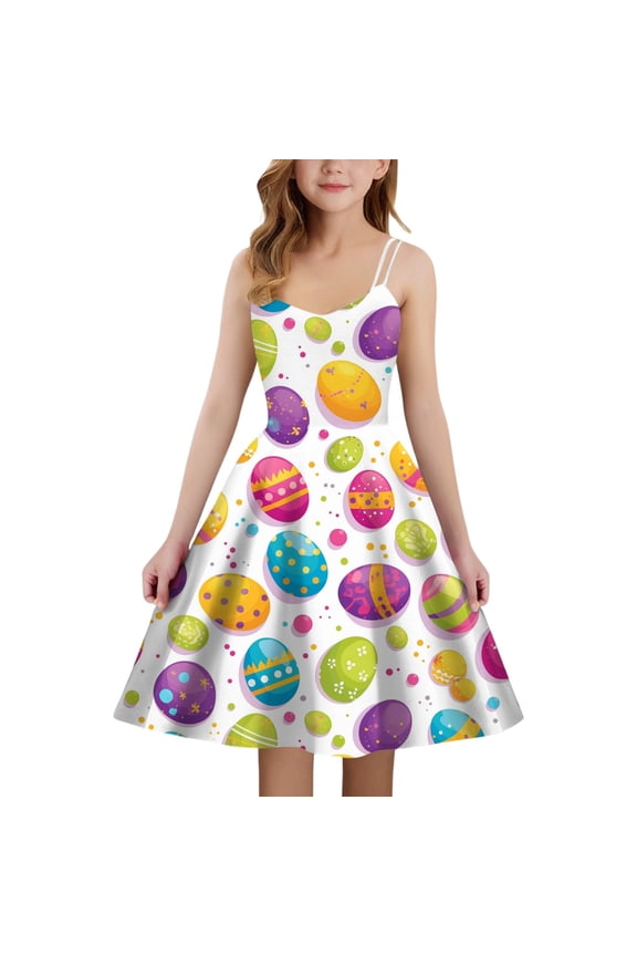 Dresses for Girls Easter Cute Print Sleeveless with Back Elastic Zipper Casual Outdoor Daily Wear Pageant Prom Dress