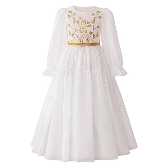 oqasdz Dresses for Girls Elegant Floral Embroidered Long Sleeve High Waist Gown Formal Evening Casual Wear Party Wedding Dress