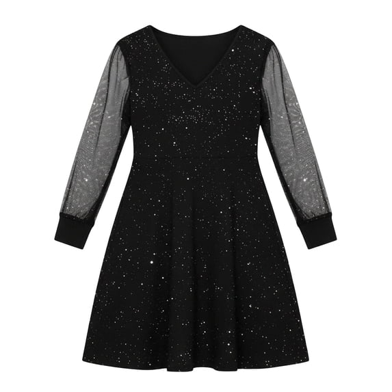 oqasdz Dresses for Girls Kids V Neck Puff Long Sleeve Mesh Casual High Waist A Line Short Formal Dress Solid Party Wedding Dress