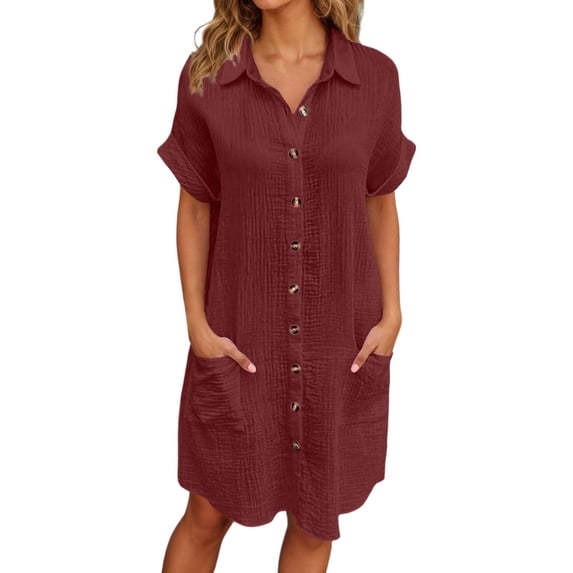 oqasdz Dresses for Women Casual Button Down Lapel Shirt Dress Loose Fit Mid Short Sleeve Tunic Top with Pocket Comfortable Versatile Daily Wear