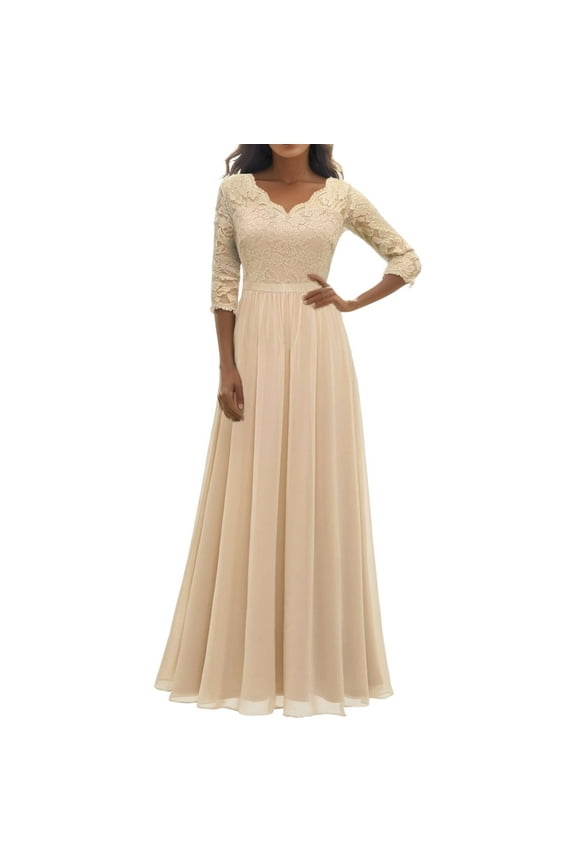 Dresses for Women V Neck Lace High Waist Tie Noble Formal Chic Party Wedding Evening Dress,M